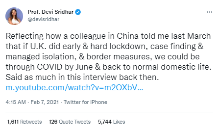 Voici Devi Sridhar exhortant le Royaume-Uni à copier le « verrouillage précoce et dur » de la Chine.