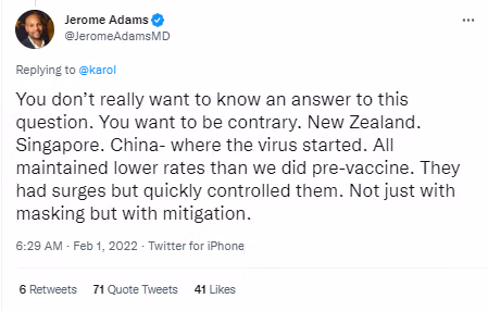 Štai buvęs generalinis chirurgas Jerome'as Adamsas laikosi linijos.