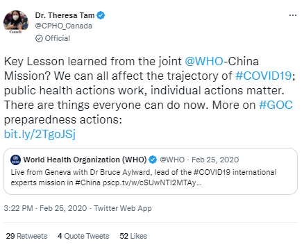 Voici Theresa Tam, administratrice en chef de la santé publique du Canada, sur la « leçon clé » à tirer de la Chine.