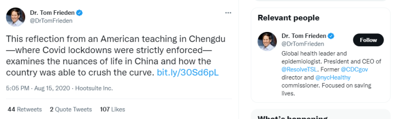 सीडीसी के निदेशक टॉम फ्रीडेन ने बताया कि कैसे चीन ने "वक्र को कुचलने" के लिए लॉकडाउन का इस्तेमाल किया।